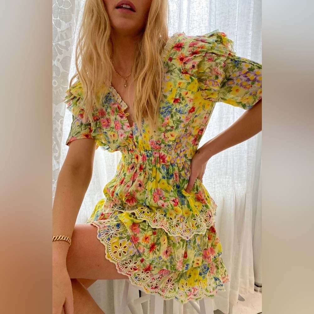 LoveShackFancy Floral Yellow and Pink Dress - S
